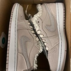 Gray And White With Fur Exclusive Special Edition Won’t Last Long Fits Kid Size 4 New Jordan Retro 1 Low, Air Jordan Retro 1, Jordan Grey, Jordan Retro 1, Nike Air Jordan Retro, Retro 1, Air Jordan Retro, Womens Jordans, Exercise For Kids