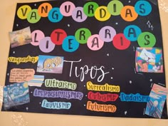 a bulletin board with words and pictures on it