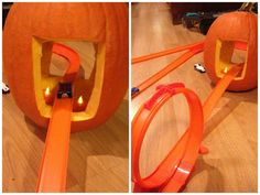 an orange pumpkin shaped like a train track with lights on it's sides and inside