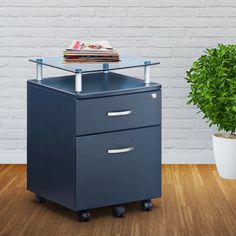 a blue file cabinet sitting on top of a wooden floor next to a potted plant