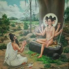 a painting of two men sitting in front of a tree and another man kneeling on the ground