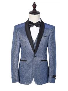 Slim Fit Suit Collar Outerwear For Party, Fitted Blue Winter Suits, Fitted Blue Suit For Fall, Blue Blazer With Suit Collar For Winter, Fitted Blue Suits For Fall, Winter Blue Blazer With Suit Collar, Blue Winter Blazer With Suit Collar, Fitted Blue Fall Suits, Fitted Blue Sport Coat With Button Closure