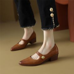 As low as US$57.50 Brown Pumps, Chunky Heel Shoes, Classy Shoes, Vintage Mode, Thick Heel, Genuine Leather Shoes, Thick Heels, Brown Shoe, Toe Designs