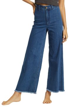 These high-waist jeans are ready for a sunset stroll with frayed hems and an easygoing wide-leg silhouette. 28" inseam; 22" leg opening; 12" front rise; 16" back rise (size 29) 98% cotton, 2% elastane Machine wash, tumble dry Imported Free Falling, Waist Jeans, High Waist Jeans, Billabong, Wide Leg Jeans, Leg Jeans, Work Outfit, High Waist, Wide Leg