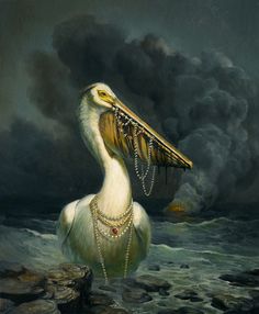 a painting of a pelican with chains on its neck and pearls in it's mouth