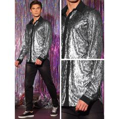 The glitter adds a touch of sparkle and shine to your outfit, making you stand out in a crowd. Glitter shirts are perfect for special occasions or events where you want to make a statement. Glitter dress shirts can be worn for formal events, parties, or even as part of a performance costume. Glitter Men Outfit, Men Sparkle Outfit, Stretch Long Sleeve Disco Tops, Silver Sequin Shirt Men, Metallic Long Sleeve Disco Top, Glitter Shirt, Sleeve Packaging, Glitter Dress, Button Down Collar