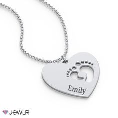 Celebrate mom and the arrival of a new baby with a one-of-a-kind keepsake! This beautiful pendant features a heart shape with two tiny feet cut out of it. This precious pendant makes the perfect gift for a baby shower, Mother's Day, or Mom's birthday. Personalize by adding an engraved name or significant date. Create yours in sterling silver, white, yellow, or rose gold with a choice of chains. Nickel-free Heart Pendant Necklace For Personalized Gift, Sterling Silver Necklaces For Mother's Day, Nickel-free Heart Necklace For Personalized Gift, Personalized Open Heart Stainless Steel Necklace, Mom's Birthday, Celebrate Mom, Metal Heart, Mom Birthday