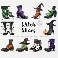 witch shoes with different colors and designs are featured in this digital clip art set for halloween