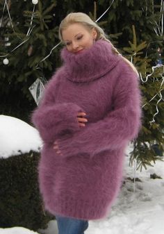 "THICK AND FUZZY, really fabulous PURPLE COLOR long sweater, hand knitted with 2 STRANDS of of premium class MOHAIR. Hand knitted with love and care for your comfort and complete satisfaction. Its clear and plain design makes this warm and breathable fashion cloth suitable for any occasion during the cold days. Wherever you are, the lovely purple eye catching color will make you feel like a star. At office, shopping center or at home - you will be the \"only one\", around. With the turtleneck st Fuzzy Sweater Outfit, Fuzzy Mohair Sweater, Pull Mohair, Turtleneck Style, Blue Jumper, Pullover Outfit, Womens Sweaters, Ladies Turtleneck Sweaters, Fuzzy Sweater