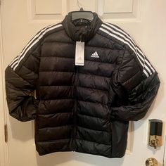 Nwt Adidas Essentials Down Jacket Men's Sz L Adidas Outerwear For Winter Sports, Adidas Winter Sports Outerwear, Adidas Black Outerwear For Outdoor Activities, Black Adidas Outerwear For Outdoor Activities, Adidas Winter Track Jacket For Outdoor, Adidas Winter Outerwear For Cold Weather, Adidas Outerwear For Cold Weather, Adidas Urban Winter Windbreaker, Adidas Black Sports Outerwear