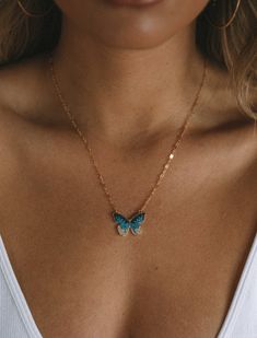 ~Appx 19'' long ~Butterfly charm ~18k gold filled charm & chain ~Clasp closure Blue Gold-plated Charm Necklace With Adjustable Chain, Elegant Blue Necklace With Butterfly Charm, Blue Charm Necklaces With Adjustable Chain, Elegant Blue Butterfly Charm Necklace, Elegant Blue Butterfly Necklace With Charm, Dainty Blue Butterfly Jewelry, Blue Charm Necklace With Adjustable Chain For Everyday, Blue Jewelry With Gold Chain As Gift, Blue Jewelry With Gold Chain For Gift