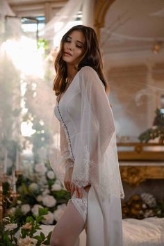 Elegant Long Sleeve Gown With Lace Trim, Elegant Wedding Robe With Lace Cuffs, Elegant Long Sleeve Gown With Lace Bodice, Elegant Robe With Lace Long Sleeves, Fitted Gown With Long Lace Sleeves, Fitted Gown With Lace Long Sleeves, Elegant Dresses With Lace Cuffs And Bell Sleeves, Elegant Dresses With Bell Sleeves And Lace Cuffs, Fitted Long Sleeve Gown With Lace Sleeves