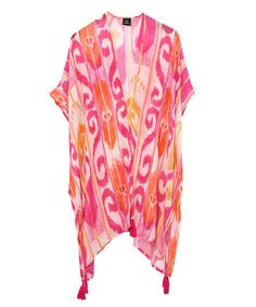 Island Ikat Duster in color Hibiscus Multicolor Flowy Cover-up For Beach Party, Multicolor Print Kaftan For Beach Cover-up, Patterned Kaftan For Summer Beach Cover-up, Summer Patterned Kimono For Beach Cover-up, Multicolor Tassel Beach Cover-up, Multicolor Summer Cover-up With Tassels, Bohemian Kimono With Abstract Print For Vacation, Multicolor Tassel Summer Cover-up, Multicolor Tassel Cover-up For Summer