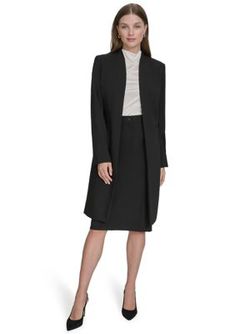 Featured in a sleek and sophisticated silhouette, this long jacket from Halston is a sharp way to complement your formal style. | Halston Women's Pintuck Long Jacket, Black, 12 Evening Single-breasted Knee-length Outerwear, Single-breasted Knee-length Outerwear For Evening, Evening Knee-length Single Breasted Outerwear, Evening Knee-length Single-breasted Outerwear, Semi-formal Structured Sleek Outerwear, Structured Sleek Outerwear For Semi-formal Occasions, Sleek Structured Semi-formal Outerwear, Tailored Knee-length Fall Blazer, Classic Knee-length Office Outerwear