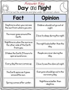 the fact and opinion sheet for day and night, which includes two different types of words