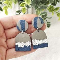 Polymer Clay Earrings. Unique Piece. They Are Lightweight Stainless Steel Stud Earrings And Jump Rings. Handmade Gray Drop Earrings, Handmade Gray Dangle Earrings, Unique Blue Earrings For Everyday, Unique Blue Everyday Earrings, Gray Dangle Earrings For Pierced Ears, Gray Ear Wire Earrings For Gift, Gray Jewelry For Pierced Ears As A Gift, Gray Drop Earrings, Gray Dangle Earrings With Ear Wire