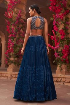 Teal blue attached cancan lehenga with embroidered waistband. Paired with a padded blouse with all over embroidery using patra, beads, salli, moti, cutdana work. Comes along with a dupatta with embroidered border. - Aza Fashions Elegant Sleeveless Blue Lehenga, Blue Anarkali Sleeveless Set, Blue Sleeveless Anarkali Set, Bollywood Blue Sleeveless Sets, Blue Sleeveless Lehenga For Diwali, Blue Embroidered Sleeveless Choli, Blue Fitted Sleeveless Sharara, Sleeveless Blue Sets For Reception, Blue Sleeveless Set For Reception