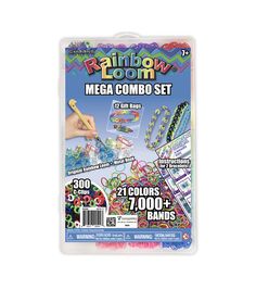 the rainbow loom mega combo set is packaged in a plastic package and includes 2 colors,