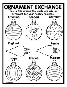 an ornament exchange with the names of different countries and their ornaments in black and white