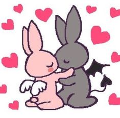 two rabbits hugging each other with hearts in the background