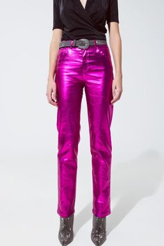 Step into the spotlight with our Vibrant Fuchsia Metallic Straight Pants, a must-have for those looking to make a bold style statement. Eye-Catching Fuchsia Metallic Finish: These pants come in a stunning metallic fuchsia shade, perfect for adding vibrant energy and a touch of glam to any outfit. Classic Straight Fit: Designed with a regular, straight fit, these pants offer a timeless look that flatters a variety of body types while keeping you comfortable. Versatile High-Waisted Style: The high Pink Metallic Pants Outfit, Chic Metallic Shiny Pants, Pink Metallic Pants, Elegant Full-length Metallic Pants, Chic Metallic Full-length Pants, Metallic Pants, Trouser Pants Women, High Waist Fashion, Pink Pants