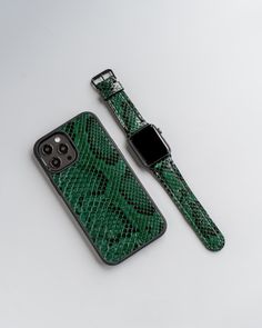 Handmade green python skin set case for iPhone 7/8/7 plus/8 plus/XR/X/XS/XS Max/11 Pro/11/11 Pro Max/12 Pro Max/12 Pro/12/12 Mini/13 Pro Max/13 Pro/13/13 Mini and Apple Watch 1/2/3/4/5/6/7 series.  Quite lite and pleasant to the touch! Modern Green Rectangular Cases, Modern Green Rectangular Apple Watch Band, Green Python, Watch Green, Leather Iphone Case, Apple Watch Leather Strap, Apple Watch 1, Green Iphone, Python Skin