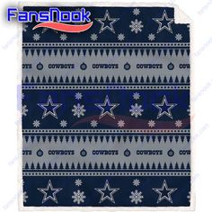 the cowboys christmas sweater with snowflakes and stars is shown in blue, white and grey