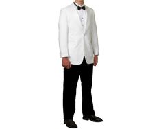 Men's White Lapel Dinner Jacket is classy and loaded with great features. The jacket has flap pockets placed on the front, a center vent with a one button shawl closure and one button can be found on each sleeve cuff.      The white dinner jacket is the perfect option for a summer evening out! Pair your white jakcet with a black pair of trousers.     Men's White Lapel Single Button Dinner Jacket is crafted from 100% polyester. Long Sleeve Tuxedo With Pockets For Wedding, Elegant Groom Tuxedo With Pockets, Wedding Tuxedo With Pockets And Long Sleeves, Semi-formal Tuxedo Outerwear With Pockets, Wedding Outerwear With Single Button And Notch Lapel, Wedding Tuxedo With Pockets, Classic Wedding Tuxedo With Welt Pockets, Wedding Outerwear With Lapel Collar And Single Button, Classic Single Button Blazer For Wedding