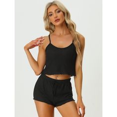 This style of stretchy cami lounge set is easy to put on or take off, which can give you a light and simple dressing experience, and keep you nice and comfortable all day. Top: this cami top features crop length and is sleeveless. Bottom: the short pants with elastic waist, ruffle trim, and bow decor. The soft pajamas set for women is stretchy, soft, lightweight, breathable, and comfortable to wear. This pajama set is casual. Even if a guest visits suddenly, you won’t feel embarrassed. The pajam Casual Camisole Sleepwear For Loungewear, Casual Camisole Sleepwear For Lounging, Black Lounging Sets For Summer, Casual Camisole Tank Top For Lounging, Summer Lounging Tops With Spaghetti Straps, Casual Spaghetti Strap Tank Top For Relaxation, Casual Spaghetti Strap Camisole For Lounging, Black Stretch Summer Sleepwear, Sleeveless Black Sleep Set