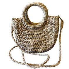 "Handwoven straw half circle bag Features a round top handle and removable strap for use as a cross body Fabric lined 9 1/2\" wide x 8\" tall x 3 1/4\" deep  Handle drop 3 1/2\", strap drop 24\" Free ground ship USA" Beach Season Straw Crossbody Bag With Braided Handles, Spring Woven Shoulder Bag With Round Handle, Straw Bag With Round Handle For Beach, Summer Jute Bag With Round Handle, Eco-friendly Straw Bag With Detachable Handle For Beach, Straw Shoulder Bag With Round Handle For Beach, Jute Straw Bag With Round Handle For Vacation, Summer Straw Bag With Detachable Handle For Day Out, Vacation Jute Straw Bag With Round Handle