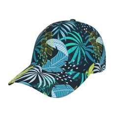 a blue and green baseball cap with leaves on the front, in an allover pattern