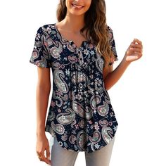 a.Jesdani Womens Plus Size Tunic Tops short Sleeve Casual Floral Henley Shirts will make a great addition to your wardrobe.This large size top is made of 95% Polyester + 5% Spandex's Loose and stretchy fabric. This shirt uses V Neck with Buttons and Unique floral patterns, the middle can hide the muffin top perfectly; Casual / Home / Work / Vacation / Beach, this tunic shirt with swing hem drapes nicely. Size: M.  Color: Blue.  Gender: female.  Age Group: adult. Work Vacation, Plus Size Tunic, Tops Short Sleeve, Casual Home, Muffin Top, Vacation Beach, Tunic Shirt, Blue Gender, Henley Shirts