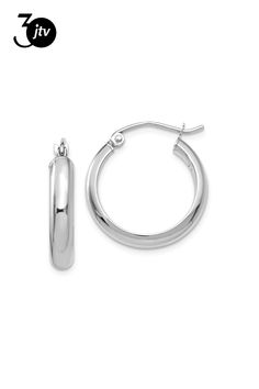 Rhodium over 14K white gold hoop earrings. Measure approximately 13/16"L x 1/8"W and have saddleback backings. Classic Nickel-free Huggie Jewelry, Classic Nickel-free Huggie Earrings, Classic Small Hoop Sterling Silver Jewelry, Silver Round Cut Tarnish-resistant Earrings, Classic White Gold Tarnish Resistant Hoop Earrings, Classic Small Hoop Hypoallergenic Jewelry, Classic Tarnish Resistant White Gold Hoop Earrings, Classic White Gold Tarnish-resistant Hoop Earrings, Silver Tarnish-resistant Round Cut Earrings