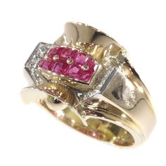 "Antique jewelry object group: ring Condition: very good condition Ring size Continental: 56 & 17¾ , Size US 7½ , Size UK: O½ - Free resizing (only for extreme resizing we have to charge). Do you wish for a 360o view of this unique jewel? The videoclip shows this treasure's full splendour as no picture can. Copy and paste the following link and it will direct you to the videoclip: https://youtu.be/0Nj1XMy9C9c Country of origin: Although it does not carry any legible control marks we believe Retro Yellow Gold Rings Stamped 14k, Vintage Multi-stone Diamond Rings, Vintage Multi-stone Diamond Ring Collectible, Vintage Multi-stone Diamond Ring For Collectors, Art Deco Multi-stone Ring For Formal Occasions, Vintage Diamond Ruby Ring For Collectors, Retro Formal Rings With Polished Finish, Vintage Ruby Ring With Diamond For Collectors, Retro Polished Rings For Formal Events