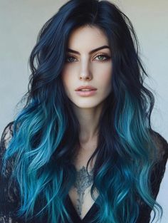 Chic Ombre Hair Color Ideas: From Subtle Blends to Bold Contrasts for Every Hair Type and Style Black And Mint Hair, Dark Blue To Light Blue Hair Ombre, Winter Vivid Hair Color, Black To Blue Ombre Hair, Black And Purple Ombre Hair, Witchy Hair Color, Crazy Color Hair Ideas, Blue And Teal Hair, Long Colored Hair