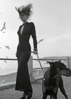 a woman is walking her dog on a leash near the water and seagulls