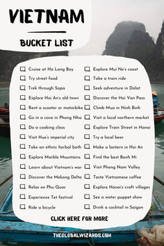 the vietnam bucket list is shown with boats in the water and mountains behind it,