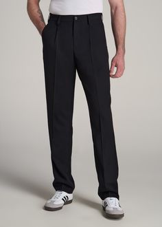 About Our Tall Men's Relaxed Tapered Pleated Trouser The Go-To Pants for Tall Men For the guy over 6' who values both style and comfort, these relaxed tapered pleated slacks for tall men are a game-changer. Designed specifically for the unique needs of tall guys, they offer a sophisticated look without sacrificing comfort. Embrace a modern style of men's tall pants that stands out in any setting.• Modern tapered fit• Versatile design for both casual and formal settings• Sustainably made with 68% Black Pants Outfit Men Casual, Black Slacks Outfit Men, Slacks Outfit Men, Tapered Pants Men, Black Formal Pants, Pants Design For Men, Formal Pants For Men, Black Slacks Men, Slacks For Men