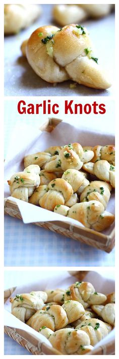 garlic knots in a baking dish with herbs on top and the words garlic knots below