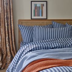 Striped Linen Bedding King Bed Quilt Patterns, Bold Blue Bedroom, Mismatched Pillows Bed, Navy Bed Styling, Striped Sheets Bedding, Blue Striped Duvet Cover, Orange And Light Blue Bedroom, Cornflower Blue Bedding, Color Block Bedding