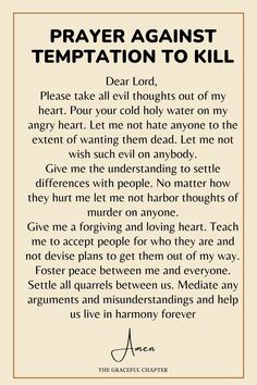 a prayer card with the words prayer against temptation to kill