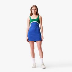 Green Stretch Sporty Dress, Green Fitted Athleisure Dress, Green Athleisure Spring Dress, Spring Green Athleisure Dress, Green Color Block Mini Dress, Sporty Green Sleeveless Tennis Dress, Blue Sleeveless Sporty Tennis Dress, Blue Stretch Athleisure Dress, Blue Athleisure Summer Dress