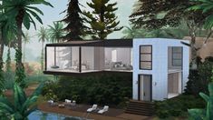 an artist's rendering of a house in the woods with pool and lounge chairs