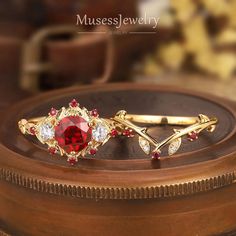 Vintage Round Cut Lab-ruby Bridal Promise Ring Set 18kgold Ruby and Diamond Leaf Engagement Ring Set Unique Branch Wedding Ring Gift for Her - Etsy Exquisite Gold Ruby Wedding Ring, Exquisite Gold Ruby Ring For Wedding, Gold Ruby Ring For Valentine's Day Wedding, Gold Bridal Sets With Round Gemstone, Gold Bridal Sets With Gemstones, Valentine's Day Gold Ruby Wedding Ring, Elegant Rings For Marriage On Valentine's Day, Elegant Marriage Rings For Valentine's Day, Branch Wedding Ring