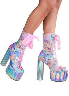 Made to order. Please allow 3-4 weeks for us to make your magic. Add your shoe size and/or measurements to the notes in your shopping cart for a perfect fit! — These beautiful dream boots come from the Mimpi Magic Kingdom of Jackalope Land. Created with a hand-painted digital print created with us by the incredible artist Mai Ja—these boots capture the unicorns, jackalopes, fairies and magic in the skies of Jackalope Land. These boots have been completely made by hand with pleather, holographic Ankle Boots Platform, Headpiece Accessories, Boots Platform, Beautiful Dream, Womens Wedding Shoes, Magic Kingdom, Beautiful Shoes, Platform Heels, Shopping Cart