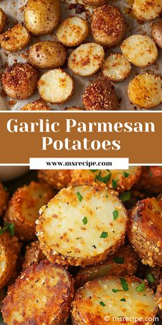 garlic and parmesan potatoes with text overlay