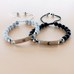 Shop our sun and moon lava stone couple bracelets. A perfect personalized gift idea for birthday gift, anniversary gift, graduation gift for couples, lovers, best friends, sisters or long-distance relationship. Mentioned price is for a pair of bracelets i.e. 1 men bracelet and 1 women's bracelet. ---------- HOW TO ORDER ---------- - Please place an order first and then via Conversations please provide us engraving text in below mentioned format:  Black Bracelet Engraving:  White Bracelet Engraving:  - After placing an order please make sure to check Conversations or your inbox to respond back to our messages for prompt processing of your order. -------- WHAT TO EXPECT -------- - We dispatch all jewelry items in an exquisite Jewelry Gift Box + Jewelry Cleaning Cloth + Gift Card -------- ITE Adjustable Sun And Moon Design Bracelets As Gift, Adjustable Silver Lava Stone Bracelets, Sun And Moon Couple, Moon Couple, Relationship Bracelets, Matching Couple Bracelets, Promise Bracelet, Disc Bracelet, Jewelry Cleaning