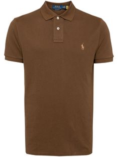 chocolate brown cotton signature Polo Pony motif polo collar short front button fastening short sleeves straight hem Fitted Brown Polo Top, Classic Brown Polo Collar Shirt, Fitted Brown Cotton Polo Shirt, Classic Brown Top With Collared Neckline, Classic Brown Tops With Johnny Collar, Classic Brown Top With Johnny Collar, Classic Brown Cotton T-shirt, Classic Brown Polo Shirt With Collared Neckline, Brown Cotton Polo Shirt With Polo Collar