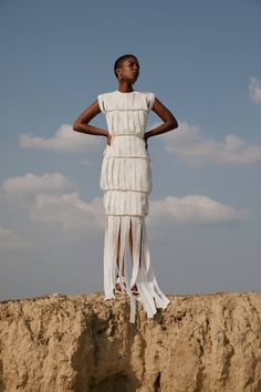 Straight cut dress with cinched waist. Made from linen, covered with fabric strips arranged vertically creating fringes effect.Vestido corte clásico y con cintura definida. Elaborado en lino, recubierto con listas de tela dispuestas de forma vertical terminando en flecos al borde del vestido. Straight Cut Dress, Cut Dress, Stripped Dress, Futuristic Fashion, Fabric Strips, Cinched Waist, Xl Dress, Straight Cut, Mood Board