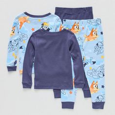 This 4-piece Bluey pajama set for toddler boys is designed for ultimate comfort and playful adventures. Made from soft, cotton, it features delightful character graphics that will ignite your child's imagination. The top has long sleeves and a crew neck, while the pants have a full elastic waistband. Perfect for sleep or play.# Pieces In Set: 41st Piece Description: Top1st Piece Fabric: Knit1st Piece Fiber Content: 100% Cotton1st Piece Care: Machine Wash, Tumble Dry2nd Piece Description: Pants2… Blue Cotton Sleepwear For Pajama Party, Light Blue Cotton Pajama Party Set, Blue Cotton Sleepwear, Light Blue Cotton Loungewear Sets, Light Blue Cotton Lounge Sets, Blue Cartoon Print Long Sleeve Sets, Blue Long Sleeve Sets With Cartoon Print, Blue Long Sleeve Cartoon Print Sets, Blue Cotton Bedtime Sets